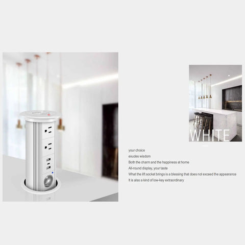 Slick Telescopic Pop Up Kitchen Power Strip With Built In Fast Charging Wireless Station And One Click Auto Lift For Clean Countertops shown in white.