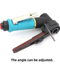 Mini Pneumatic Belt Grinder Sander Tool With Grit Belts For Polishing Metal showing adjustable angle design and compact size.
