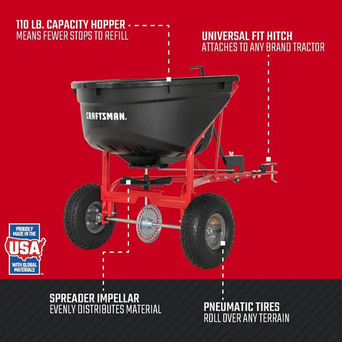 Heavy Duty 110 Lb Capacity Pull Behind Lawn Broadcast Spreader With 10 Ft Spread Covers Up To One Third Acre 17500 Sq Ft