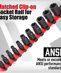 11-Piece E-Torx Socket Set With Rail And Organizer External Sockets E4 To E20 on red rail with ANSI standards text