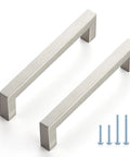 Front view of 30 Pack Brushed Nickel Square Cabinet Handles For Cabinets And Drawers Stainless Steel Cupboard Pulls, shown with screws.