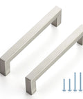 Close-up of 60 Pack Square Cabinet Handles In Brushed Nickel Stainless Steel Drawer Pulls For Kitchens Cabinets Cupboards And Furniture 5 Inch Center To Center Durable Modern Hardware with screws