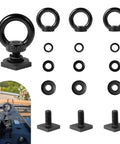 4 Pack M8 Stainless Steel T Track Tie Down Anchors for Roof Racks and Truck Beds, showing components and installation on rack