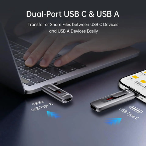 Blazing Fast USB 3.2 Gen 2 Dual USB Type C And USB A Flash Drive 128GB External SSD with laptop and smartphone connection