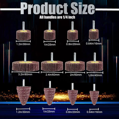 24 Pcs Flap Wheel Sander Kit With One Quarter Inch Shank, 80 Grit Aluminum Oxide Wheels And Cone Flap Wheels, size display