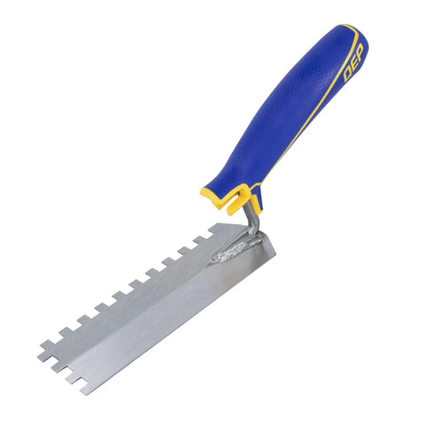 Comfort Grip Square-Notch Margin Tile Trowel With Six-Inch By Two-Inch Blade, metal blade and rubber grip, angled view