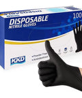 Heavy Duty Black Nitrile Gloves 100 Count Medium Disposable Latex And Powder Free Thick Ribbed Cuffs For Kitchen Cooking Cleaning And Industrial Tasks Built Tough And Ready For The Daily Grind box with hand giving thumbs up.