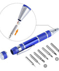 Versatile Soldering Iron Kit With Digital Multimeter 110V 60W showing blue pen-style screwdriver with interchangeable tips.