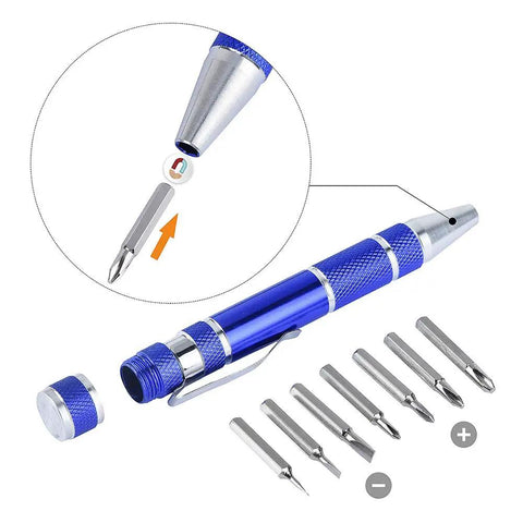 Versatile Soldering Iron Kit With Digital Multimeter 110V 60W showing blue pen-style screwdriver with interchangeable tips.