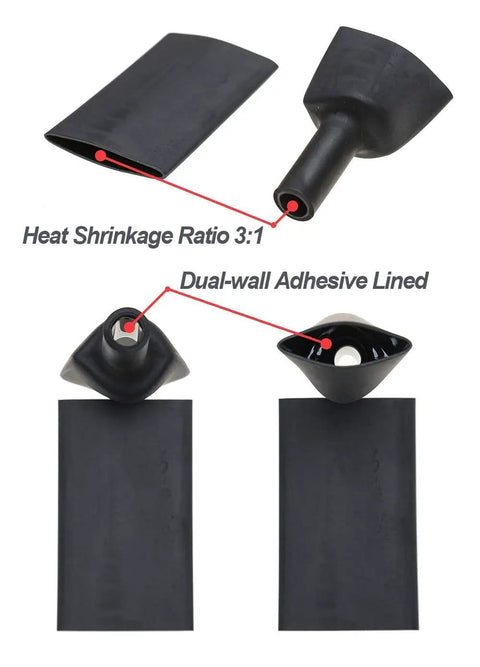 Beefed Up 74 Piece Heat Shrink Tubing Kit One And Three Quarter Inch One Half Inch And Three Eighths Inch 3 To 1 Shrink Ratio Double Wall Adhesive Lined Marine Grade Industrial Wire Wrap Tubing Black Red dual wall adhesive lined tubing detail.