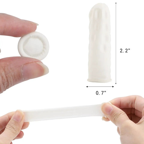 Latex Finger Cots 400 Count Small Disposable Fingertip Gloves Anti Static Flexible Rolled Design shown with size dimensions