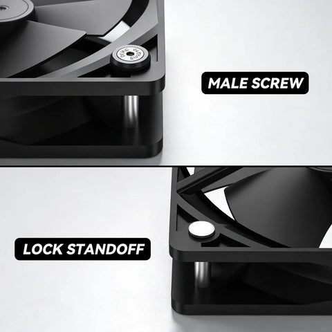 Top Shelf PC Case Fan Screws For 25mm Units Including 20 Pack showing male screw and lock standoff for secure mounting.