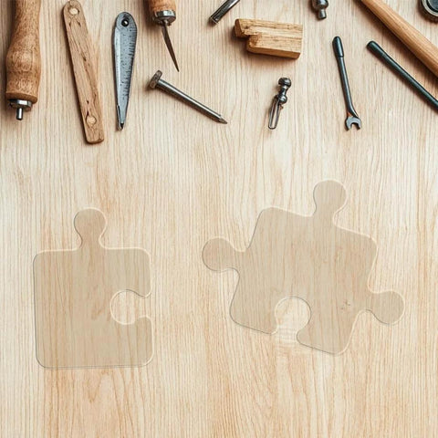Two-Piece Clear Acrylic Jigsaw Router Templates Set For Woodworking Pro Grade Angled Curvy Puzzle Shape Tracing Tools on table