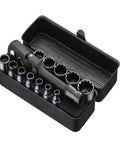 Torx Bit Set 77-Piece With 2 In 1 Ratchet Magnetic Bit Holder showing black ratchet and socket set in open case.