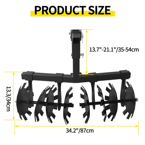 Diagram showing dimensions of 32 Inch Disc Plow Harrow With 2 Inch Receiver Mount For ATV UTV Adjustable Height Pull Behind Tiller Black.