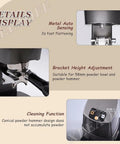 Automatic Espresso Tamper 58mm Electric Coffee Press With Adjustable 22 To 66 Lbs Pressure For A No Sweat Daily Grind And Smooth Operator Shot Consistency All Day Long Black showing details of metal sensing, height adjustment, and cleaning function.