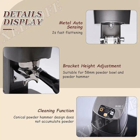 Automatic Espresso Tamper 58mm Electric Coffee Press With Adjustable 22 To 66 Lbs Pressure For A No Sweat Daily Grind And Smooth Operator Shot Consistency All Day Long Black showing details of metal sensing, height adjustment, and cleaning function.