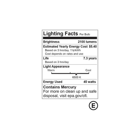 Lighting facts label of 4 Pack 45W CFL Daylight Bulbs 5500K Neutral White 2300 Lumens CRI Over 95 For Studio Photography And Video