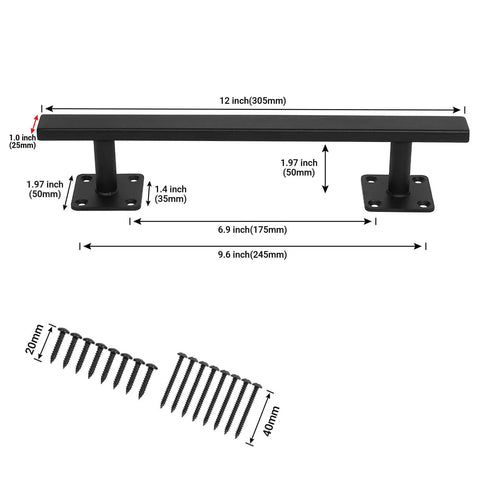 Diagram of Beefy 12 Inch Black Square Heavy Duty Metal Barn Door Pulls Pack Of 2, with detailed measurements and included screws.