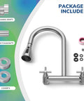 HURRAN Wall Mount Kitchen Faucet with Pull Down Sprayer, components including eccentric joints and inlet connectors.