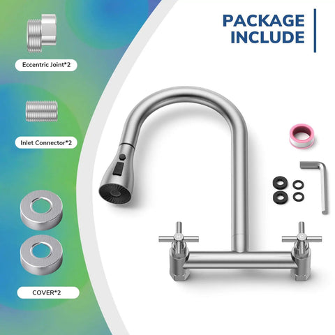 HURRAN Wall Mount Kitchen Faucet with Pull Down Sprayer, components including eccentric joints and inlet connectors.