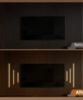 Before and after installation of Six Piece Slat Wall Light Kit For Wood Panels With Adhesive Black LED Strips, 3000K warm lighting.