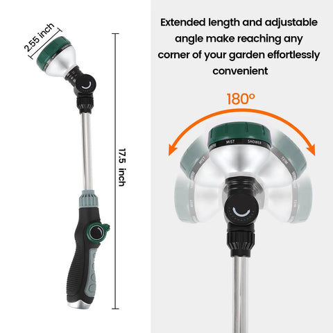 17.5 Inch Garden Hose Watering Wand With Eight Spray Patterns, thumb flow control, pivoting head, ergonomic grip diagram