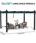 Aluminum Pergola With Retractable Canopy And Mosquito Netting, 10x13 Foot Outdoor Pavilion For Patio With Seating Area