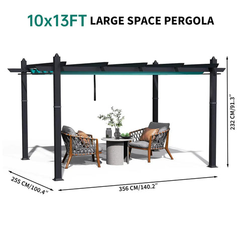 Aluminum Pergola With Retractable Canopy And Mosquito Netting, 10x13 Foot Outdoor Pavilion For Patio With Seating Area