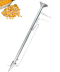 2 In 1 Garden Seeder And Planter Tool With Stainless Steel Handle showing rustproof metal seed shank next to corn kernels.