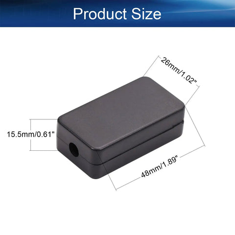 Ten Pack Heavy Duty ABS Plastic Electronic Project Enclosures Black Wiring Junction Boxes 1.89 X 1.02 X 0.61 Inches showing dimensions.