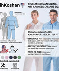 Women Anti Static Esd Cleanroom Uniform Jacket And Pants Set Real American Cut Heavy Duty Dust Proof Workwear With Conductive Grid Fabric For Tech Labs And Manufacturing infographic showing size guide and fit advantages.