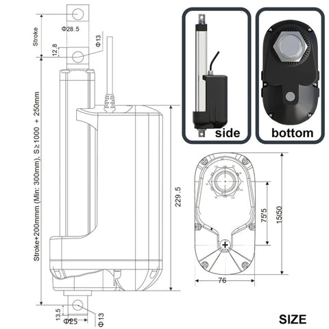 Technical diagram of Heavy Duty Electric Linear Actuator delivering rock solid 12000N push with DC24V power.