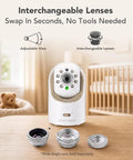 Patented Active Noise Reduction 5 Inch HD Video Baby Monitor With One Camera, featuring interchangeable lenses on a wooden table.