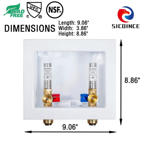 Washing Machine Outlet Box With Water Hammer Arrestor And One Quarter Turn Ball Valves Stop Hammering Noise Easy Install Inlet Half Inch Push To Connect Outlet Three Quarter Inch Male Thread Durable Brass Construction