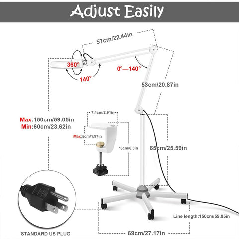 LED Floor Lamp With Magnifying Glass Light For Reading And Crafting, adjustable angles and dimensions diagram shown