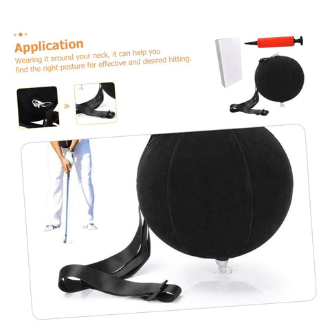 Portable Inflatable Golf Swing Trainer Posture Aid for Beginners showing black ball with strap and pump