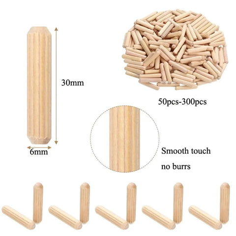 Diagram showing 6x30mm dowels from 1000Pcs Woodworking Dowels Kit With Round Grooved Fluted Wood Dowel Pins for DIY projects.