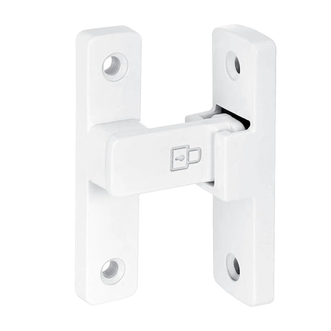 White 90 Degree Barn Door Lock With Right Angle Slide Latch For Sliding Wood Panels, durable zinc alloy construction, side view.