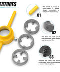 Meanlin 2Pcs Pipe Threader Kit With Npt Die Set For Plumbing Work showing yellow handle and three alloy dies in gray.