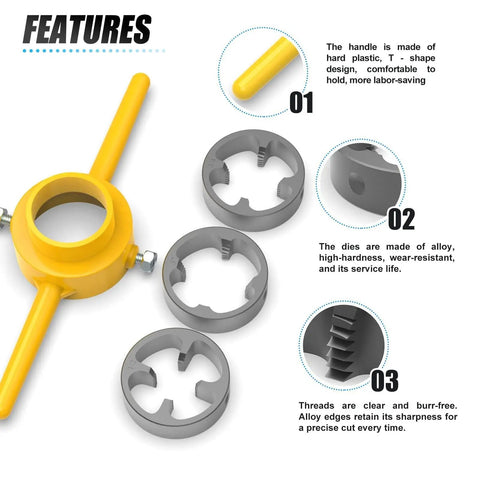 Meanlin 2Pcs Pipe Threader Kit With Npt Die Set For Plumbing Work showing yellow handle and three alloy dies in gray.