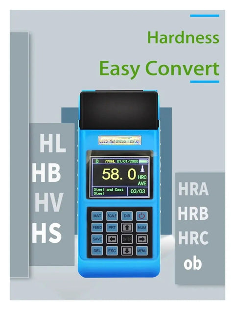 Pro Grade Digital Leeb Hardness Tester For Portable Steel And Metal Alloy Gauging Featuring Rock Solid Any Angle Testing Smooth LCD Screens And Built Different Durability, blue handheld device with LCD display showing hardness readings.