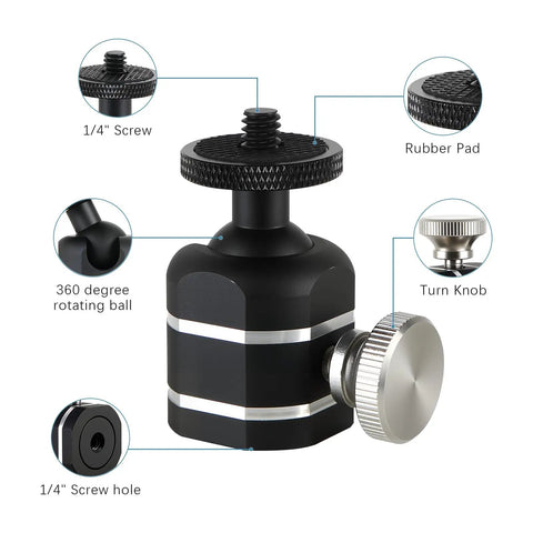 Universal Mini Ball Head Tripod Mount For Cameras One Quarter Inch Twenty Thread 360 Degree Rotation 90 Degree Tilt Ten Pound Load