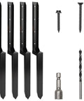 4 Pack Heavy Duty Fence Post Repair Stakes Tough Steel Anchors tools with screws and drill bits for fence repair.