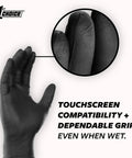 1st Choice black nitrile disposable gloves, XXL, 5 mil; hand wearing glove with close-up fingertip texture