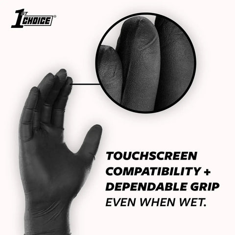 Top Shelf Black Nitrile Gloves With Five Mil Protection For Kitchen And Garage Grind Featuring Latex Free Food Safe Materials And No Sweat Extra Large Fit Great For Hustlers And Messy Cleanups Box Of One Hundred Disposable Covers showing a hand wearing a glove with textured grip.