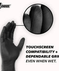 Black Nitrile Gloves 6 Mil For Mechanics And Auto Shop Work Latex Free Powder Free Disposable Large Size Heavy Duty Grip Pro Ideal For Oil Changes Auto Detailing And Garage Tasks Box Of 100, showcasing touchscreen compatibility and grip detail.