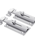 Two Pack Locks Down Tight Bathroom Stall Door Latch With 4 Inch Stainless Steel Slide Bolt Lock For Internal Doors Rust Resistant Heavy Duty Smooth Operator Hardware on a white background.