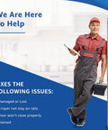 Technician beside refrigerator smiling, promoting Upgraded Lifetime Door Bin Shelf For Refrigerator Replacement, Clear And Ultra Durable, Heavy Duty Storage Bin That Fits Frigidaire Kenmore Electrolux Refrigerators, 240324502 Compatible fixes issues.