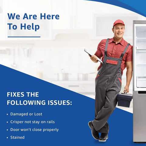 Technician beside refrigerator smiling, promoting Upgraded Lifetime Door Bin Shelf For Refrigerator Replacement, Clear And Ultra Durable, Heavy Duty Storage Bin That Fits Frigidaire Kenmore Electrolux Refrigerators, 240324502 Compatible fixes issues.